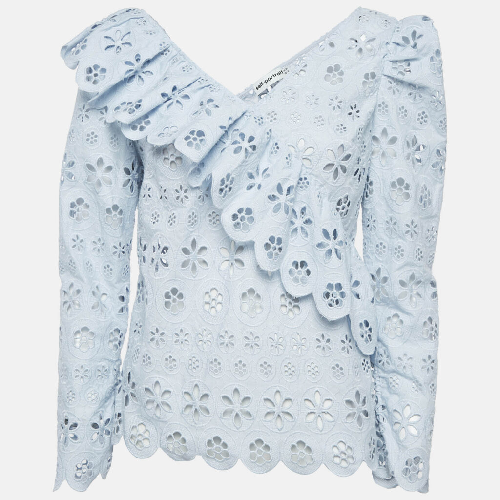 Self-Portrait Blue Schiffli Lace Ruffled Broderie Anglaise Top M