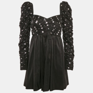 Self-Portrait Black Cluster Sequin Taffeta Pleated Mini Dress S
