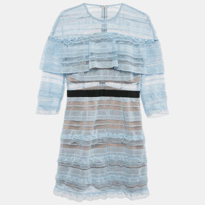 Self-Portrait Blue Guipure Lace Ruffled Mini Dress M
