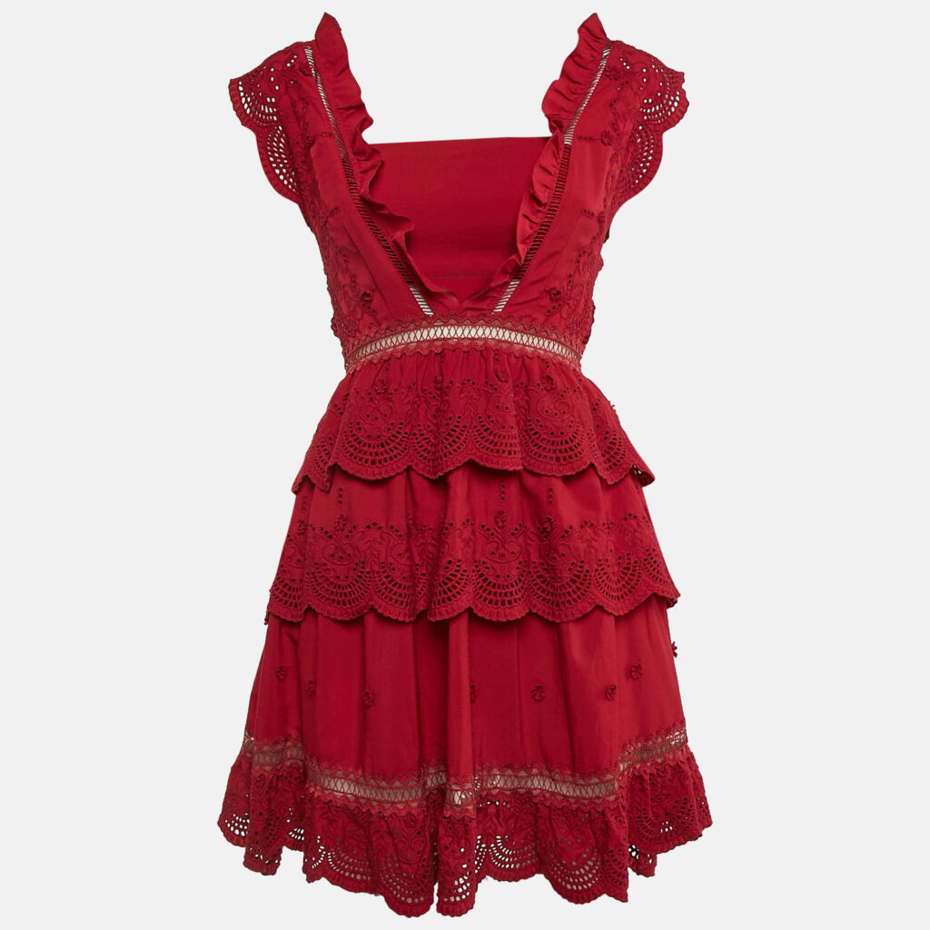 luxury-women-self-portrait-used-clothes-p1107865-003 Self-Portrait Red Broderie Anglaise Chiffon Tiered Mini Dress S
