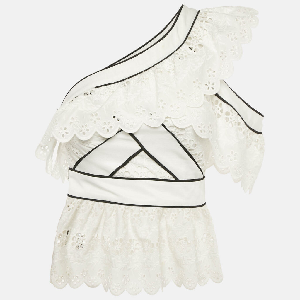Self-Portrait White Schiffli Lace One Shoulder Top S
