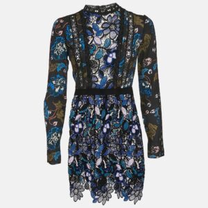 Self-Portrait Blue/Black Floral Print chiffon and Lace Short Dress S