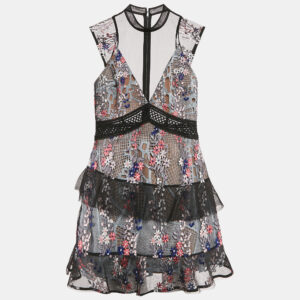 Self-Portrait Black Floral Embroidered Tulle Tiered Mini Dress M
