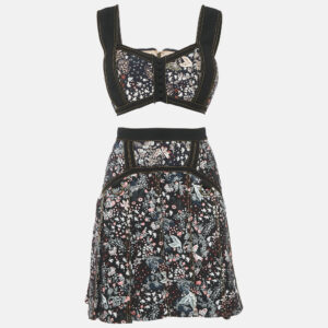 Self-Portrait Black Floral Jacquard Top and Pleated Skirt Set M/S