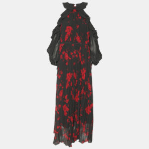 Self-Portrait Red/Khaki Rose Print Polyester Maxi Dress S