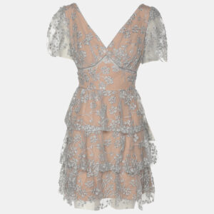 Self Portrait Grey/Beige Mesh Embroidered Blossom Tiered Mini Dress S