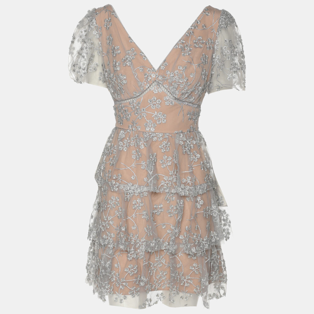 luxury-women-self-portrait-used-clothes-p1146453-003 Self Portrait Grey/Beige Mesh Embroidered Blossom Tiered Mini Dress S