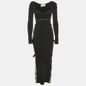 Self-Portrait Black Rib Knit and Lace Midi Dress M