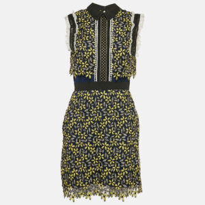 Self-Portrait Blue/Yellow Floral Lace Open Back Mini Dress S