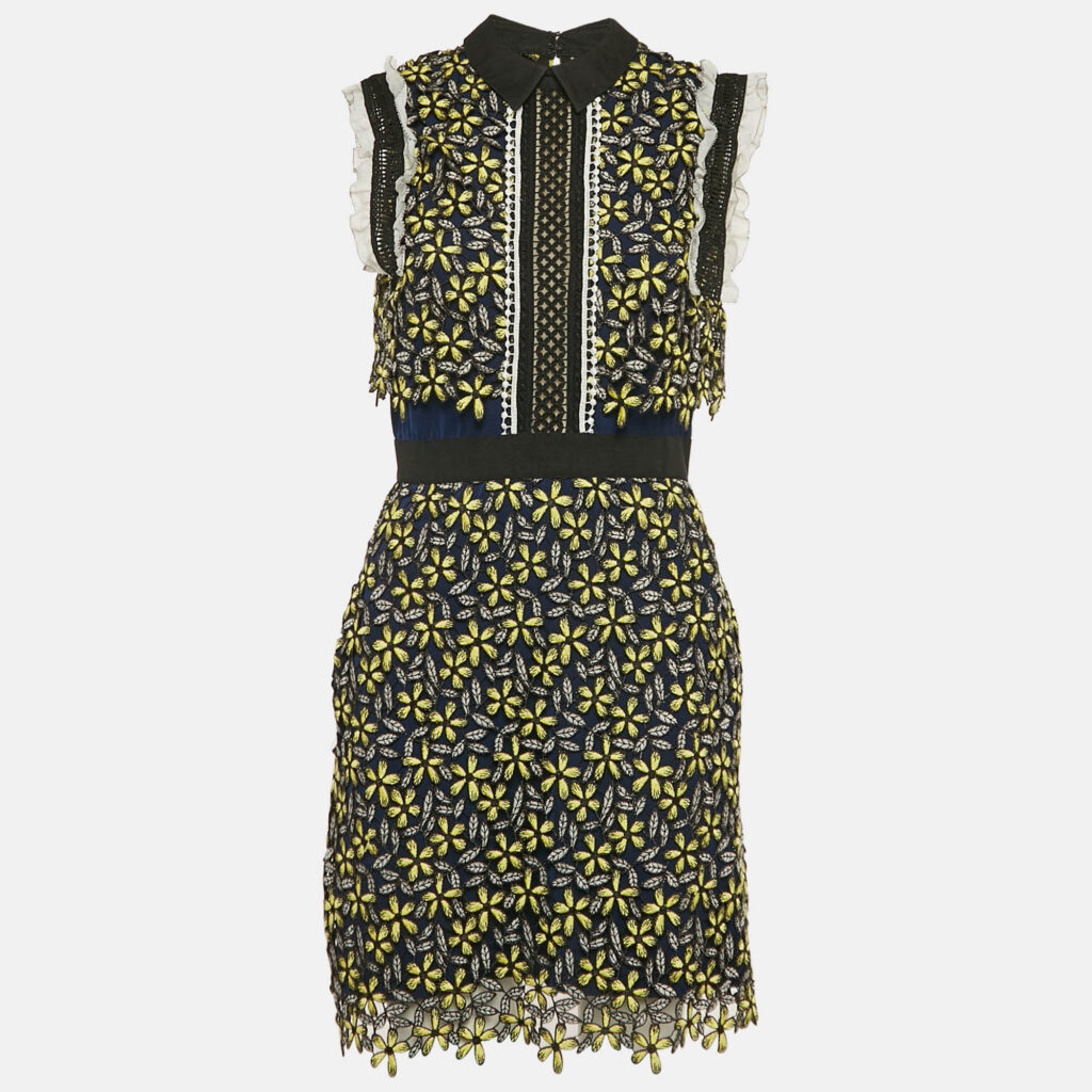 luxury-women-self-portrait-used-clothes-p1149725-002 Self-Portrait Blue/Yellow Floral Lace Open Back Mini Dress S