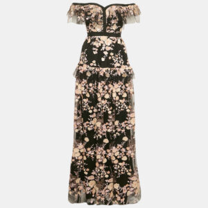Self-Portrait Black Floral Embroidered Tulle Tiered Maxi Dress M