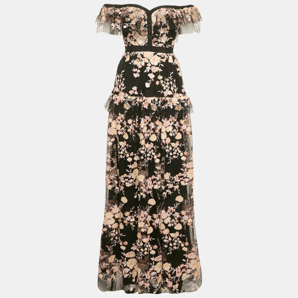 luxury-women-self-portrait-used-clothes-p1152264-006 Self-Portrait Black Floral Embroidered Tulle Tiered Maxi Dress M