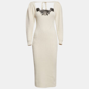 Self-Portrait Ivory Rib Knit Lace Trim Puff Sleeve Midi Dress S