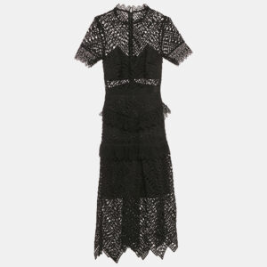 Self-Portrait Black Triangle Lace Tiered Midi Dress S