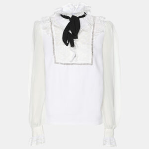 Self-Portrait White Stretch Crepe Tie Neck Top XS