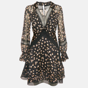 Self-Portrait Black Floral Printed Chiffon & Lace Mini Dress S