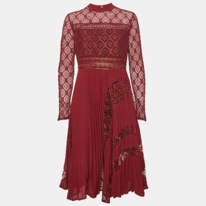 Self-Portrait Burgundy Lace Paneled Plisse Midi Dress L