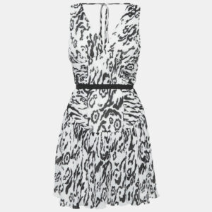 Self-Portrait Monochrome Leopard Printed Plisse Chiffon Sleeveless Mini Dress S