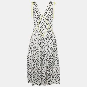 Self-Portrait White Animal Printed Satin Contrast Detail Midi Dress S