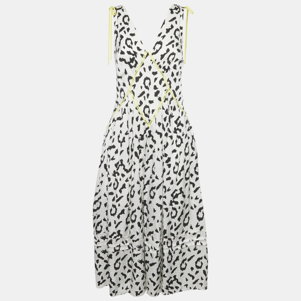 Self-Portrait White Animal Printed Satin Contrast Detail Midi Dress S
