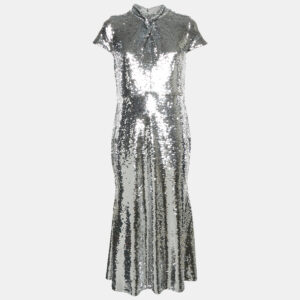 Self-Portrait Silver Sequin Twist Neck Detail Midi Dress M