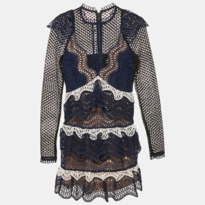 Self-Portrait Navy Blue Lace Tiered Mini Dress S