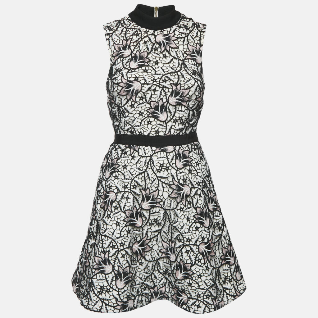 Self-Portrait White/Black Floral Lace Mini Dress S