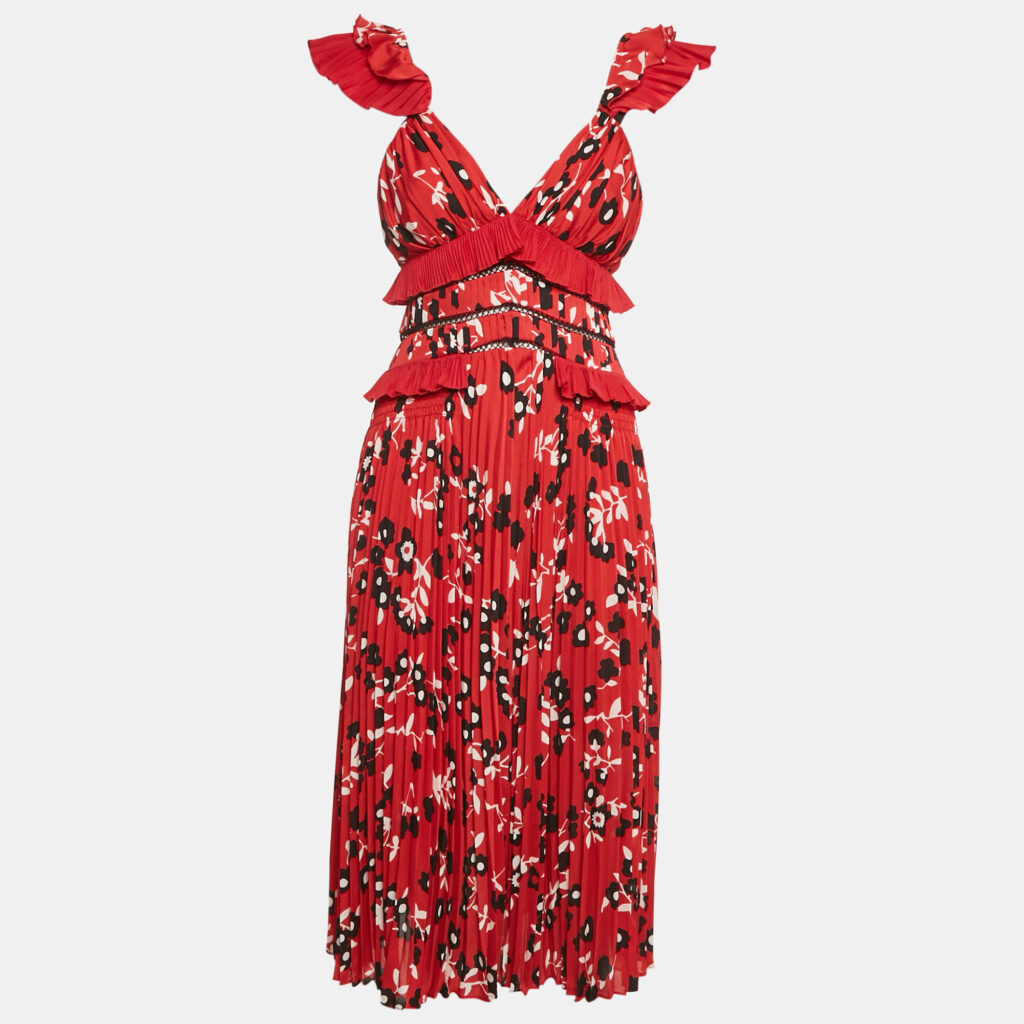 luxury-women-self-portrait-used-clothes-p1164460-003 Self-Portrait Red Floral Print Plisse Ruffled Midi Dress S