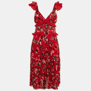 Self-Portrait Red Floral Print Crepe Ruffled Midi Dress S