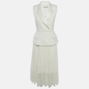 Self-Portrait Off White Tweed & Plisse Blazer Wrap Over Midi Dress S
