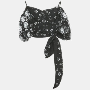 Self-Portrait Black Deco Sequin Mesh Puff Sleeve Top S