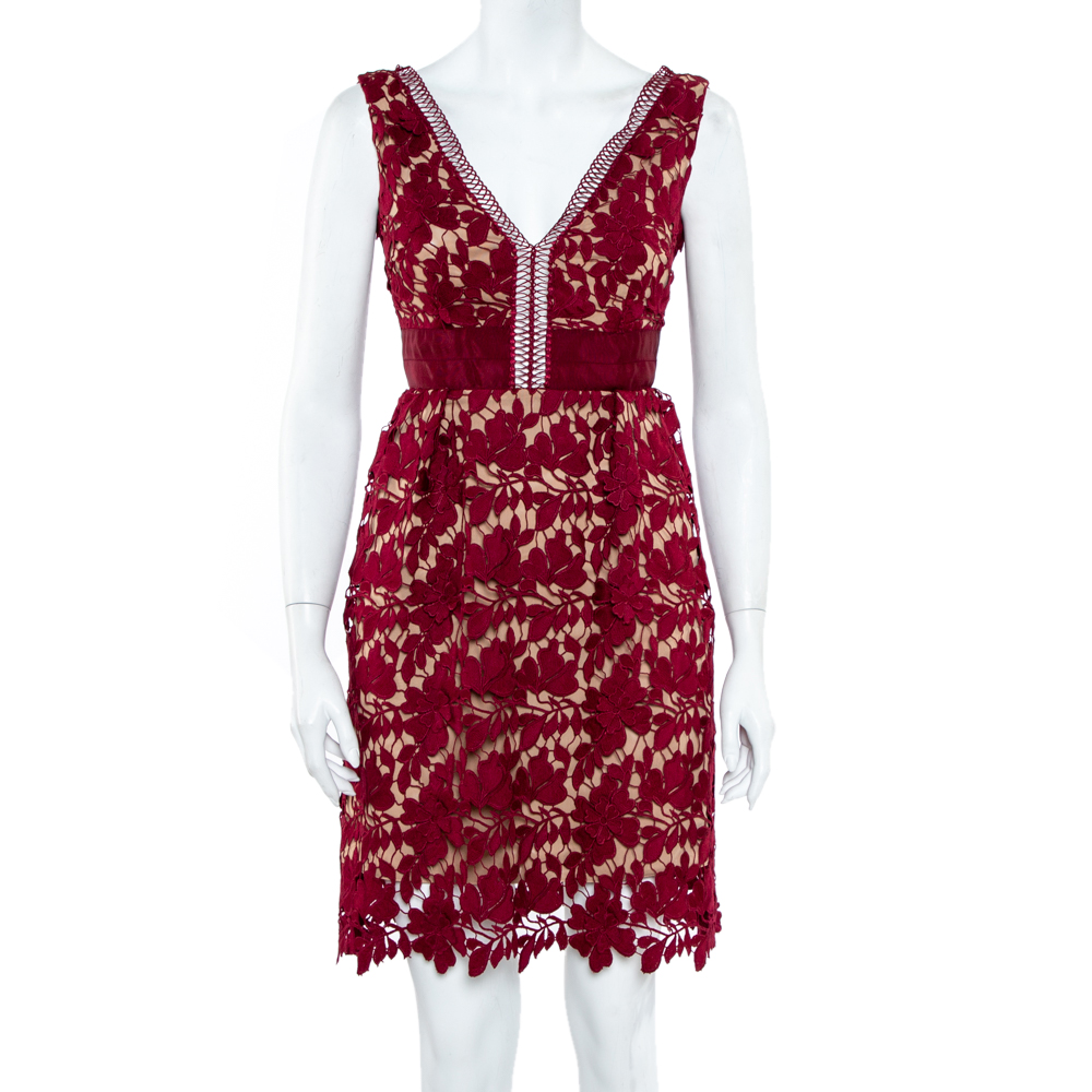 luxury-women-self-portrait-used-clothes-p374928-002 Self-Portrait Burgundy Guipure Lace Plunge Neck Detail Short Dress S