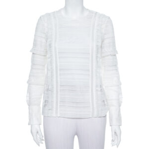 Self Portrait White Paneled Lace Sheer Long Sleeve Top S