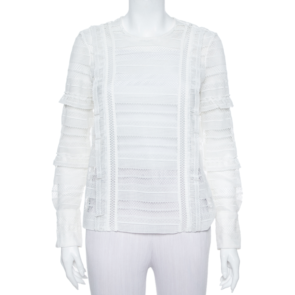 Self Portrait White Paneled Lace Sheer Long Sleeve Top S