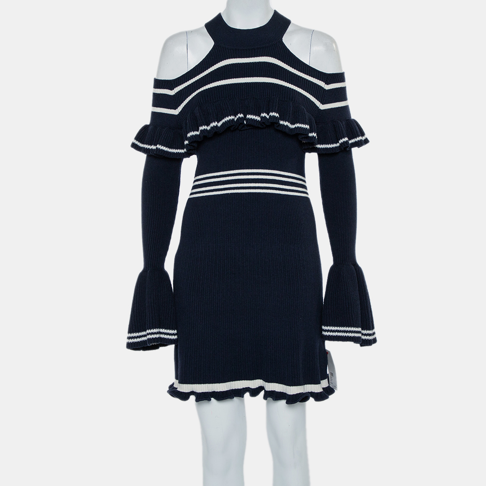 luxury-women-self-portrait-used-clothes-p432203-008 Self-Portrait Navy Blue Rib Knit Ruffled Cold Shoulder Dress M