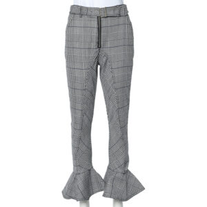 Self Portrait Monochrome Checkered Ruffled Hem Belted Cropped Pants S