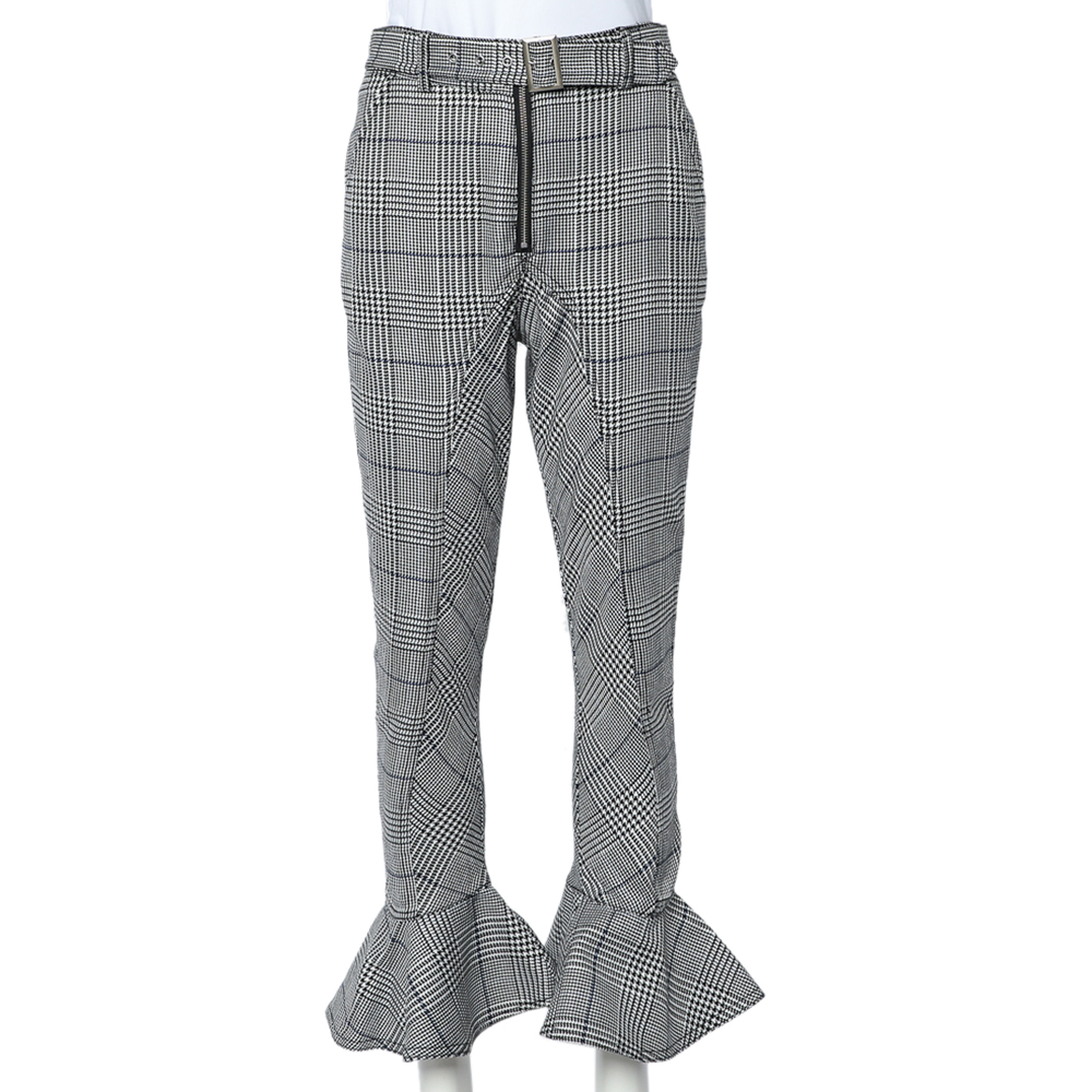 Self Portrait Monochrome Checkered Ruffled Hem Belted Cropped Pants S