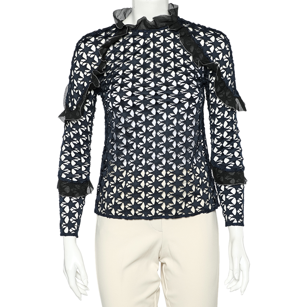 luxury-women-self-portrait-used-clothes-p598006-001-2 Self-Portrait Navy Blue Star Lace Ruffled Top XS
