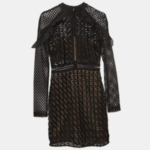 Self-Portrait Black Geometric Pattern Lace Ruffled Mini Dress S