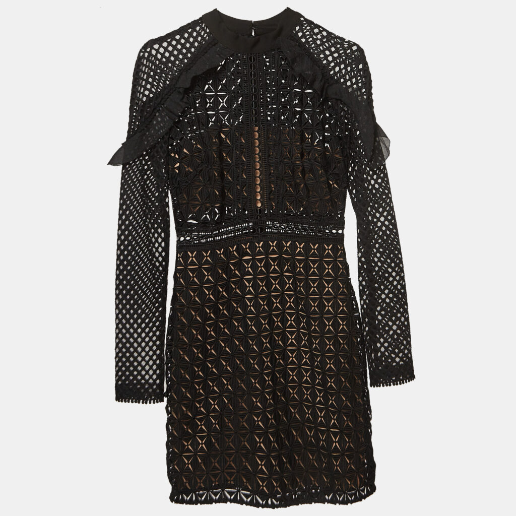luxury-women-self-portrait-used-clothes-p969092-002 Self-Portrait Black Geometric Pattern Lace Ruffled Mini Dress S