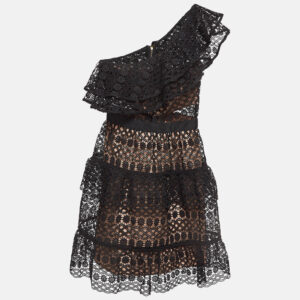 Self-Portrait Black Lace Overlay One-Shoulder Mini Dress S