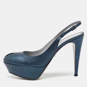 Sergio Rossi Blue Iguana Embossed Leather Platform Slingback Pumps Size 39.5