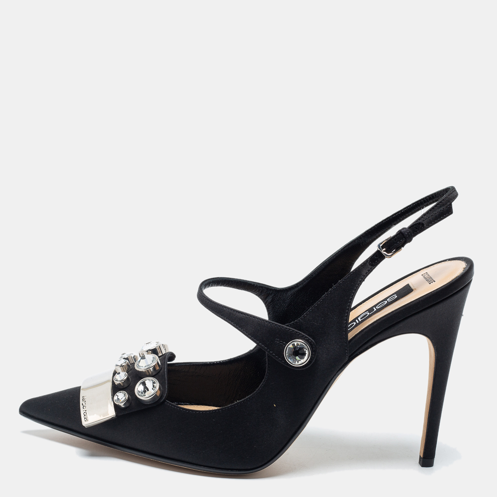 luxury-women-sergio-rossi-new-shoes-p715747-001 Sergio Rossi Black Satin Embellished Slingback Sandals Size 40