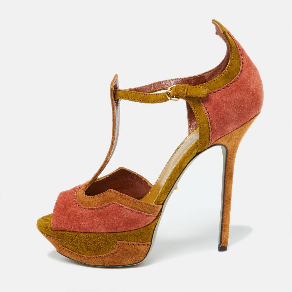 luxury-women-sergio-rossi-used-shoes-p1029394-001 Sergio Rossi Tri Color Suede Platform Ankle Strap Sandals Size 38.5