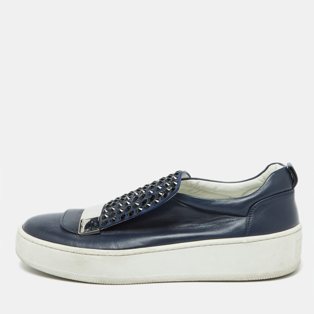 luxury-women-sergio-rossi-used-shoes-p1035830-001 Sergio Rossi Blue Leather and Suede Crystal Embellished SR1 Low Top Sneakers Size 38