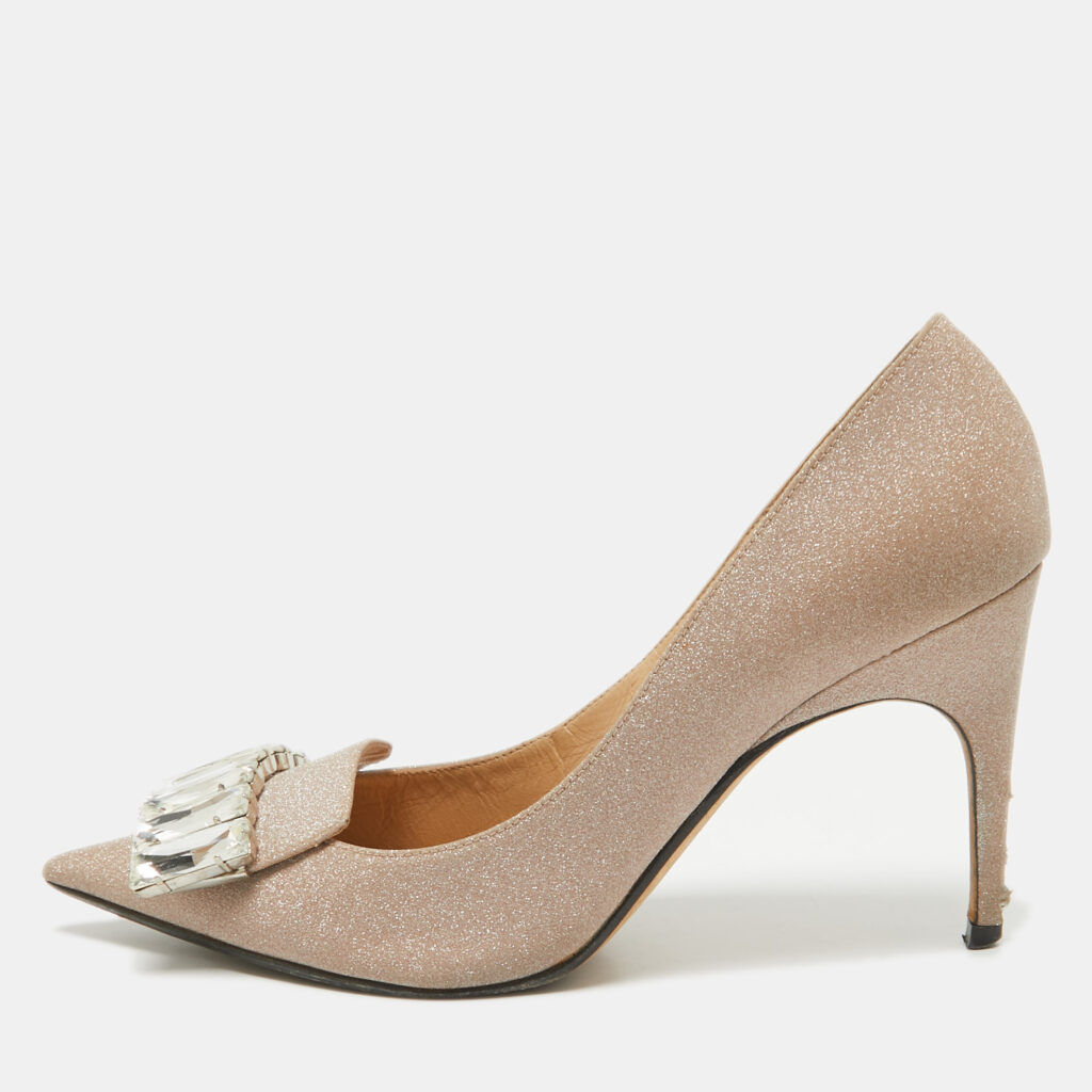 luxury-women-sergio-rossi-used-shoes-p1055204-001 Sergio Rossi Beige Glitter Leather Crystals SR1 Pumps Size 37.5