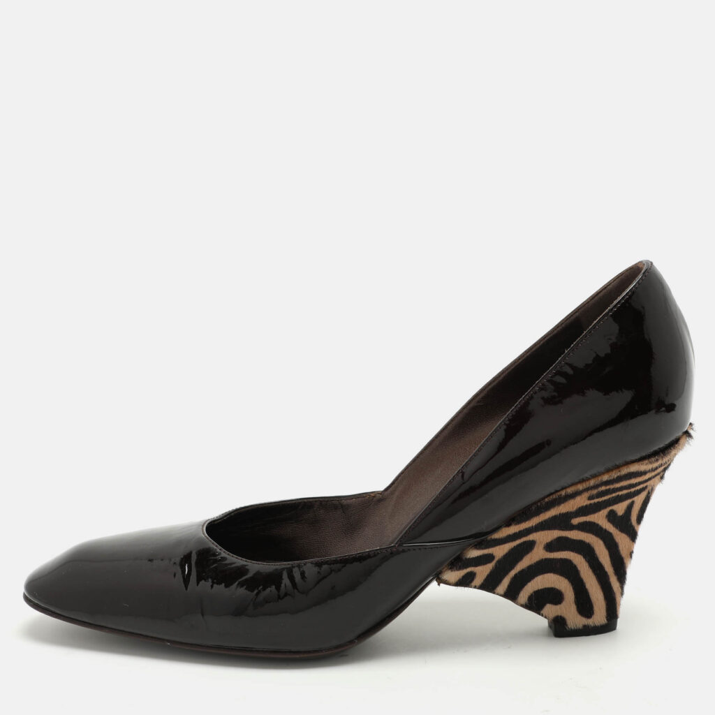 luxury-women-sergio-rossi-used-shoes-p1055548-010 Sergio Rossi Brown Patent Leather Wedge Pumps Size 39.5