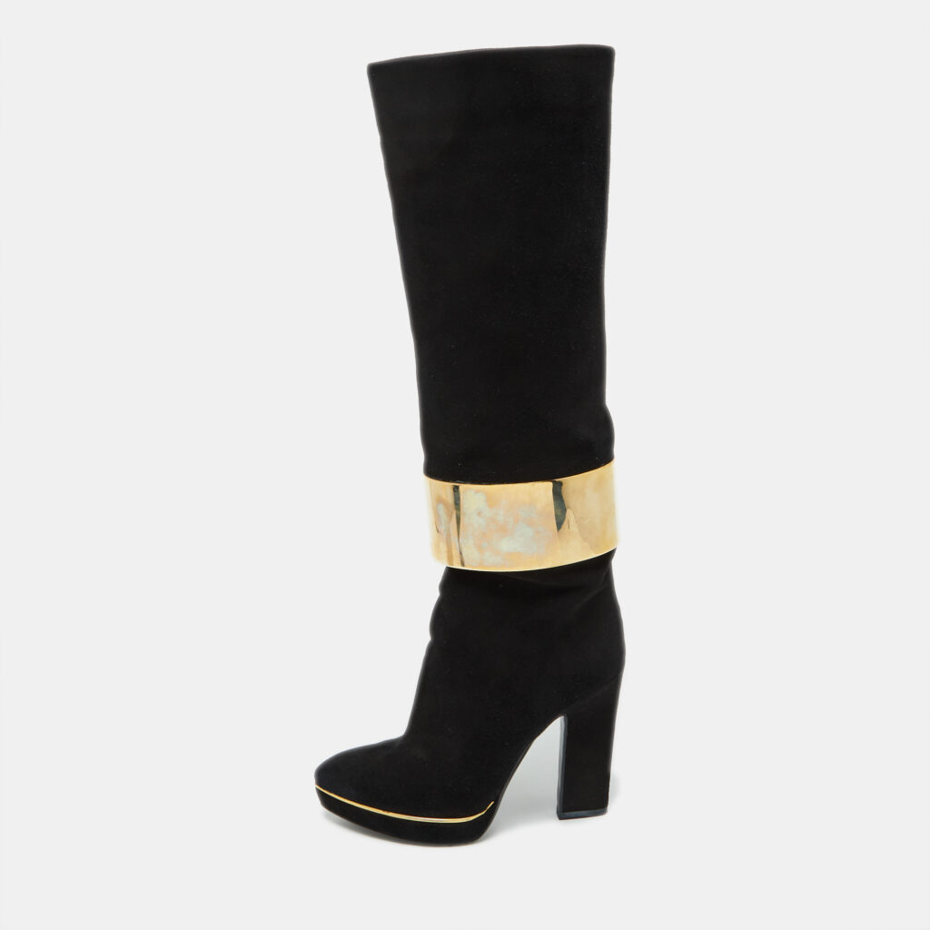 luxury-women-sergio-rossi-used-shoes-p1073911-001 Sergio Rossi Black Suede Metal Cuff Platform Knee Length Boots Size 34.5
