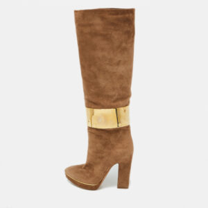 Sergio Rossi Light Brown Suede Metal Cuff Platform Knee Length Boots Size 36