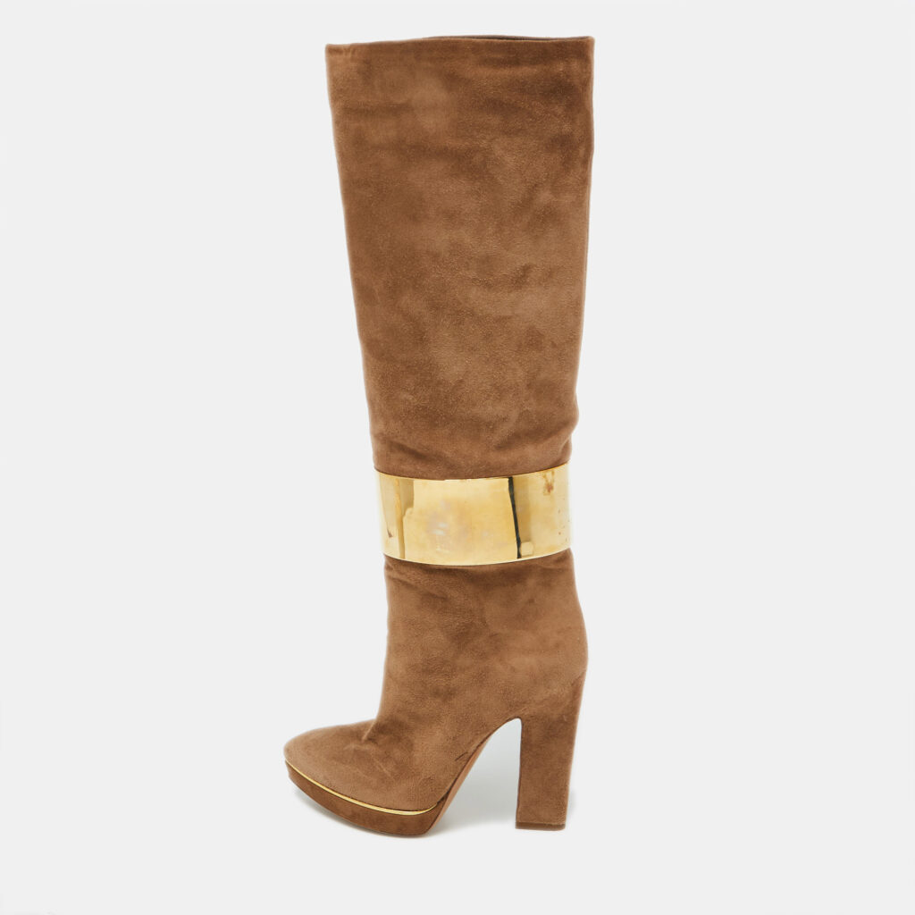 luxury-women-sergio-rossi-used-shoes-p1073934-001 Sergio Rossi Light Brown Suede Metal Cuff Platform Knee Length Boots Size 36